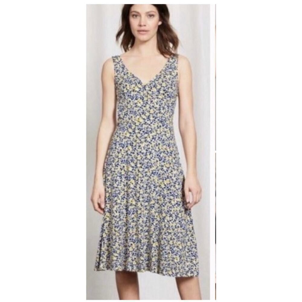 Boden A-Line Dress Women's 6R Yellow Blue Knee Length Sleeveless V-Neck Pullover